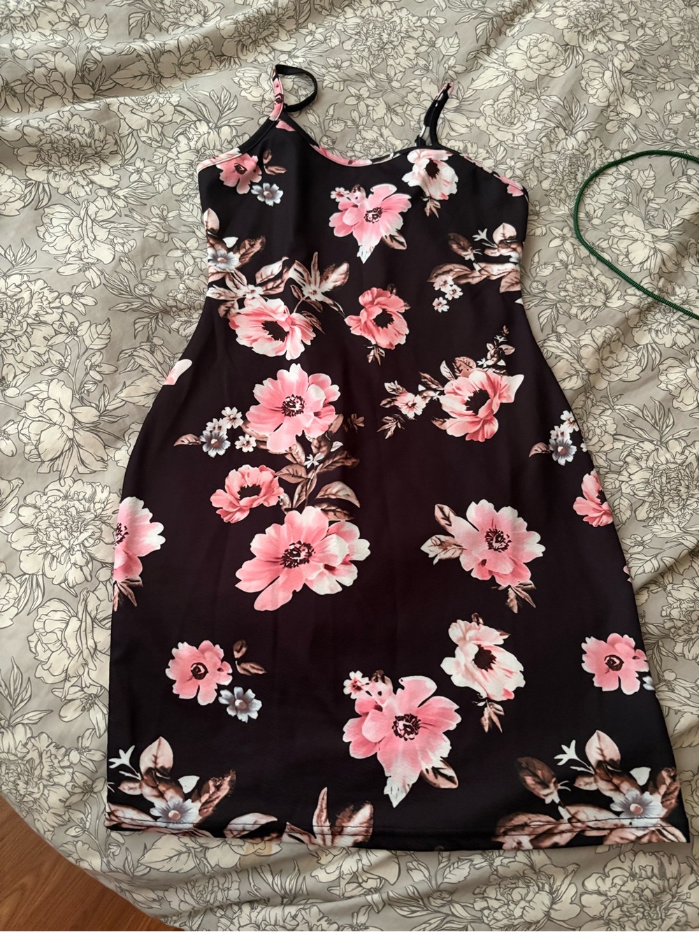 Women's Black Floral Slip Dress with Pink Blooms